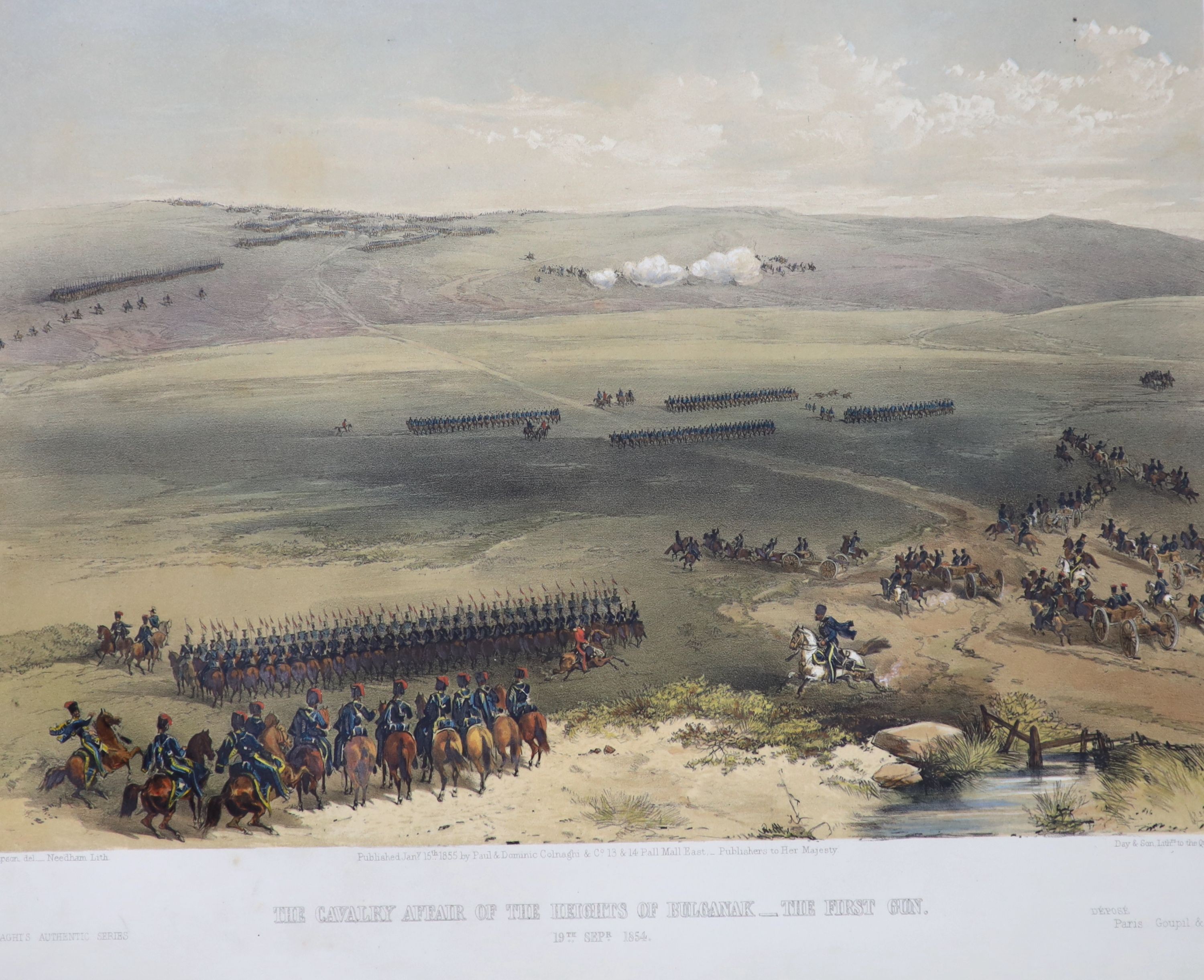 Simpson, William - The Seat of War in the East, 2 parts in 1 vol, folio, half red morocco, with engraved title (foxed) and 79 tinted litho plates, bookplate of William Allan, who served with the 41st regiment in the Crim